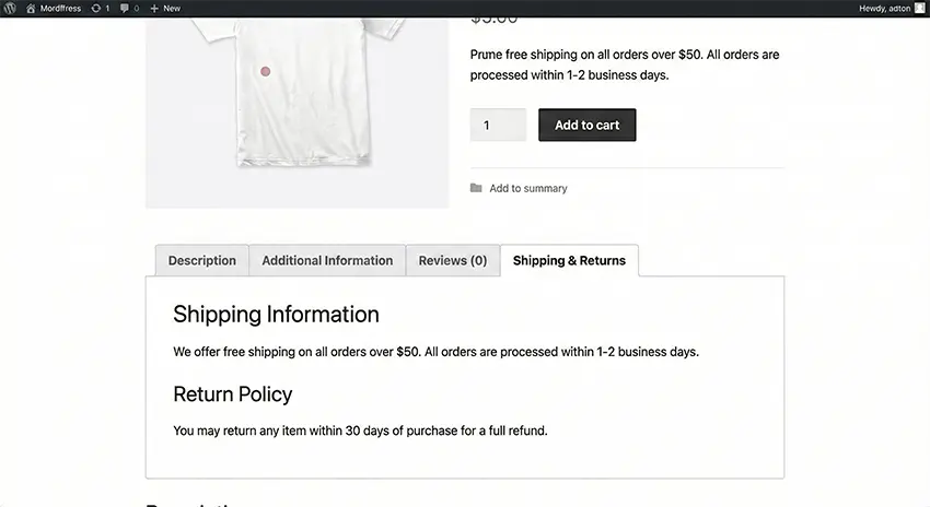 WooCommerce custom tabs Frontend Screenshot