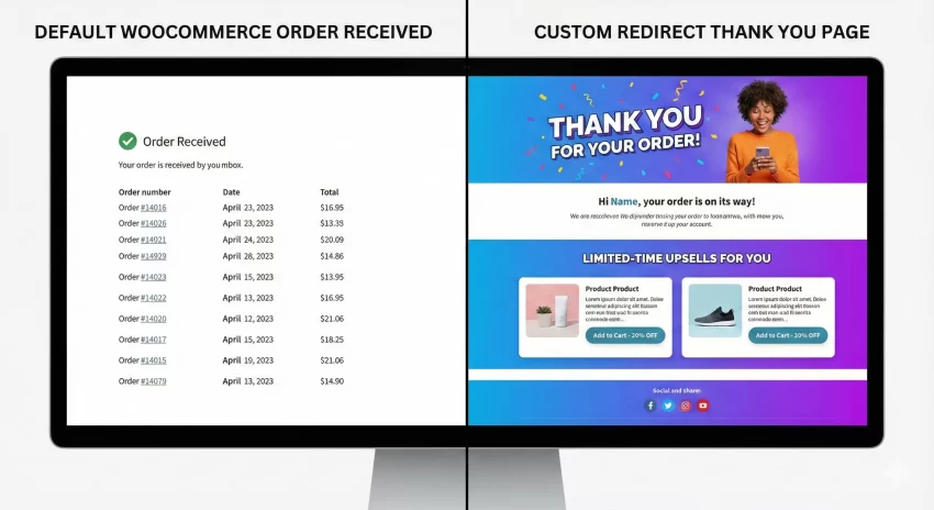 WooCommerce redirect after checkout Split Screen Comparison