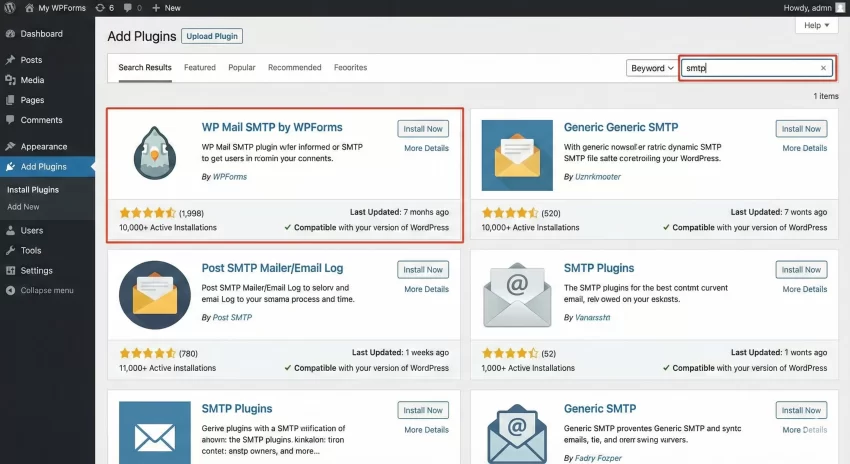 WordPress SMTP configuration Plugin Search
