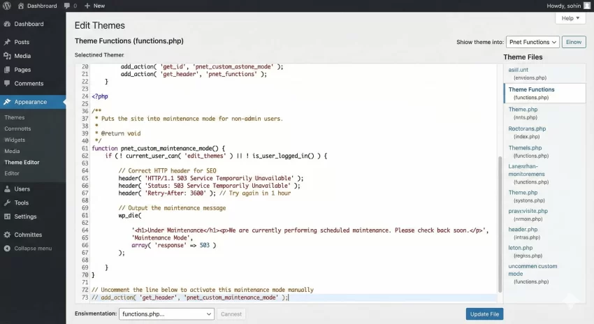WordPress maintenance mode error Customization