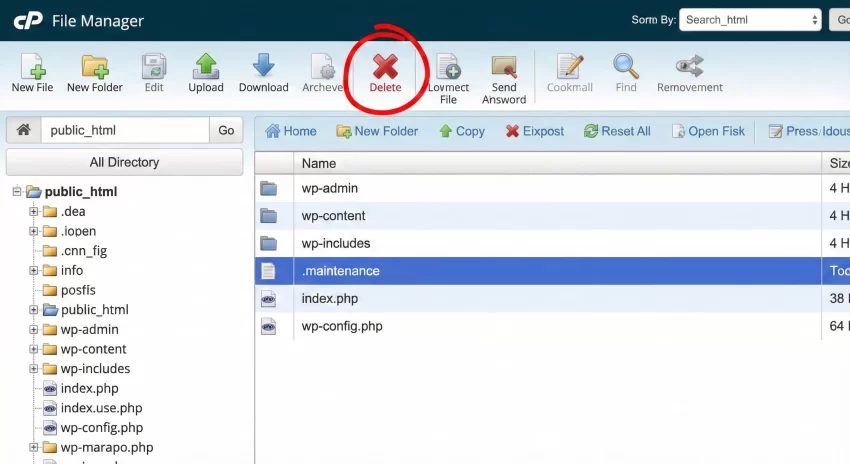 WordPress maintenance mode error cPanel File Manager