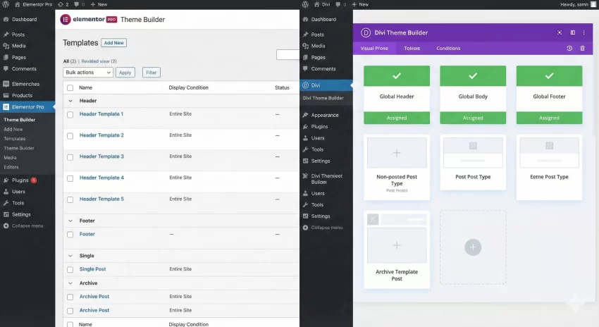 Divi vs Elementor : Theme Builder Dashboard