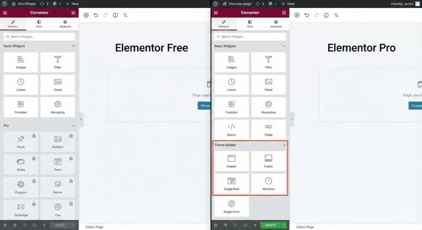 Elementor Free vs. Elementor Pro Widget Panel