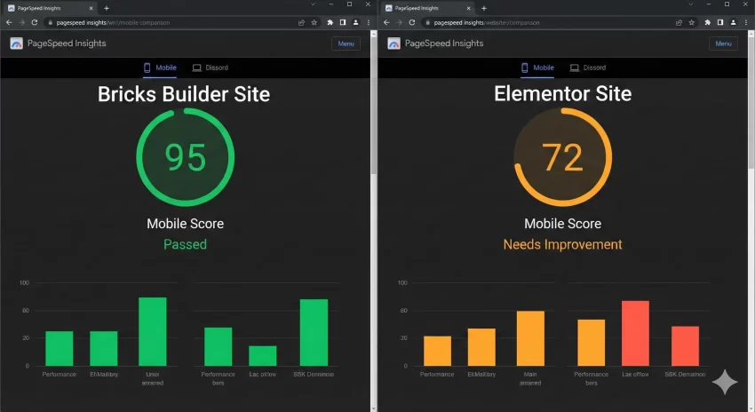 Bricks vs Elementor Mobile Score