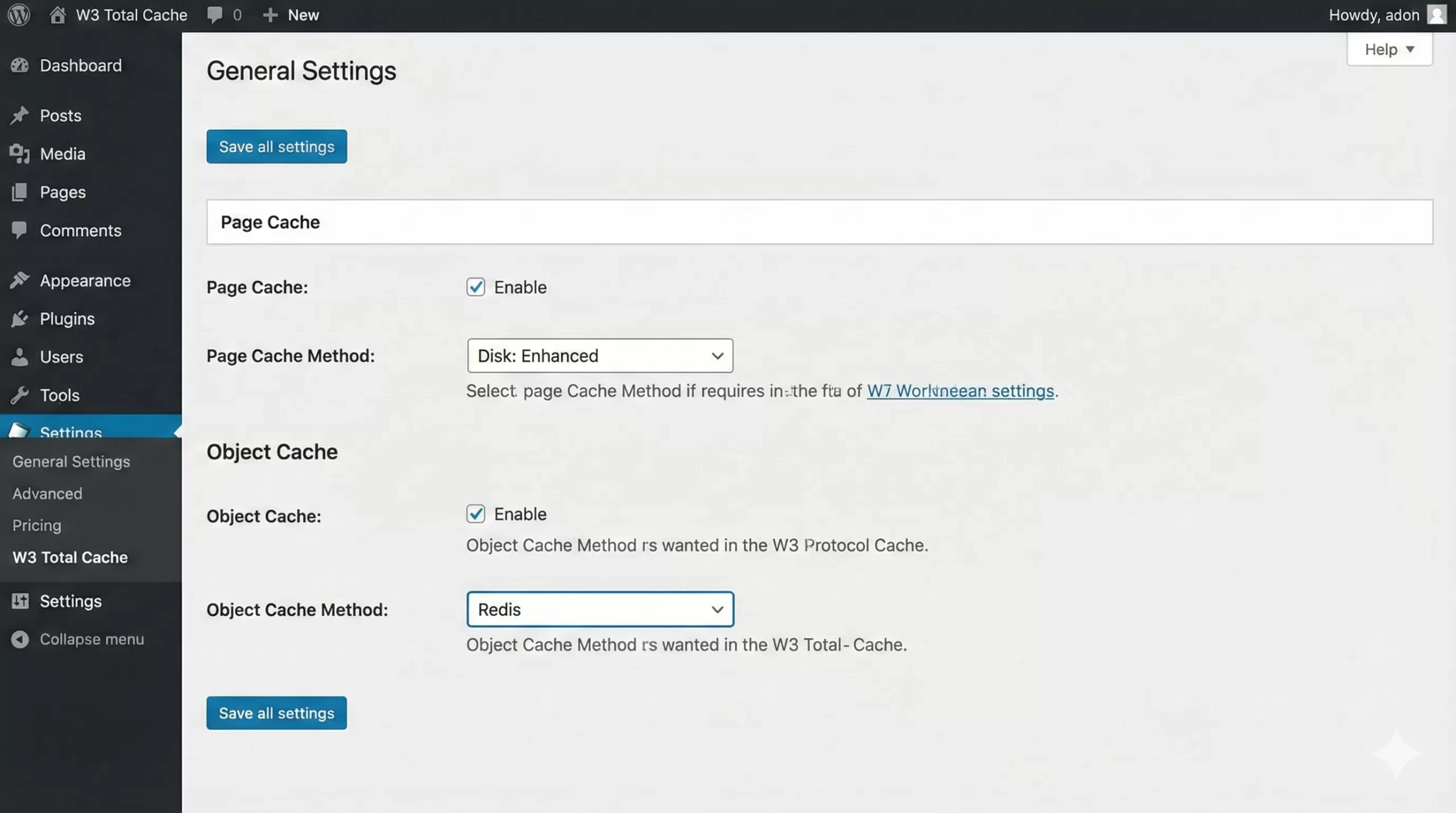 W3 Total Cache Review - General Settings Page Cache & Redis