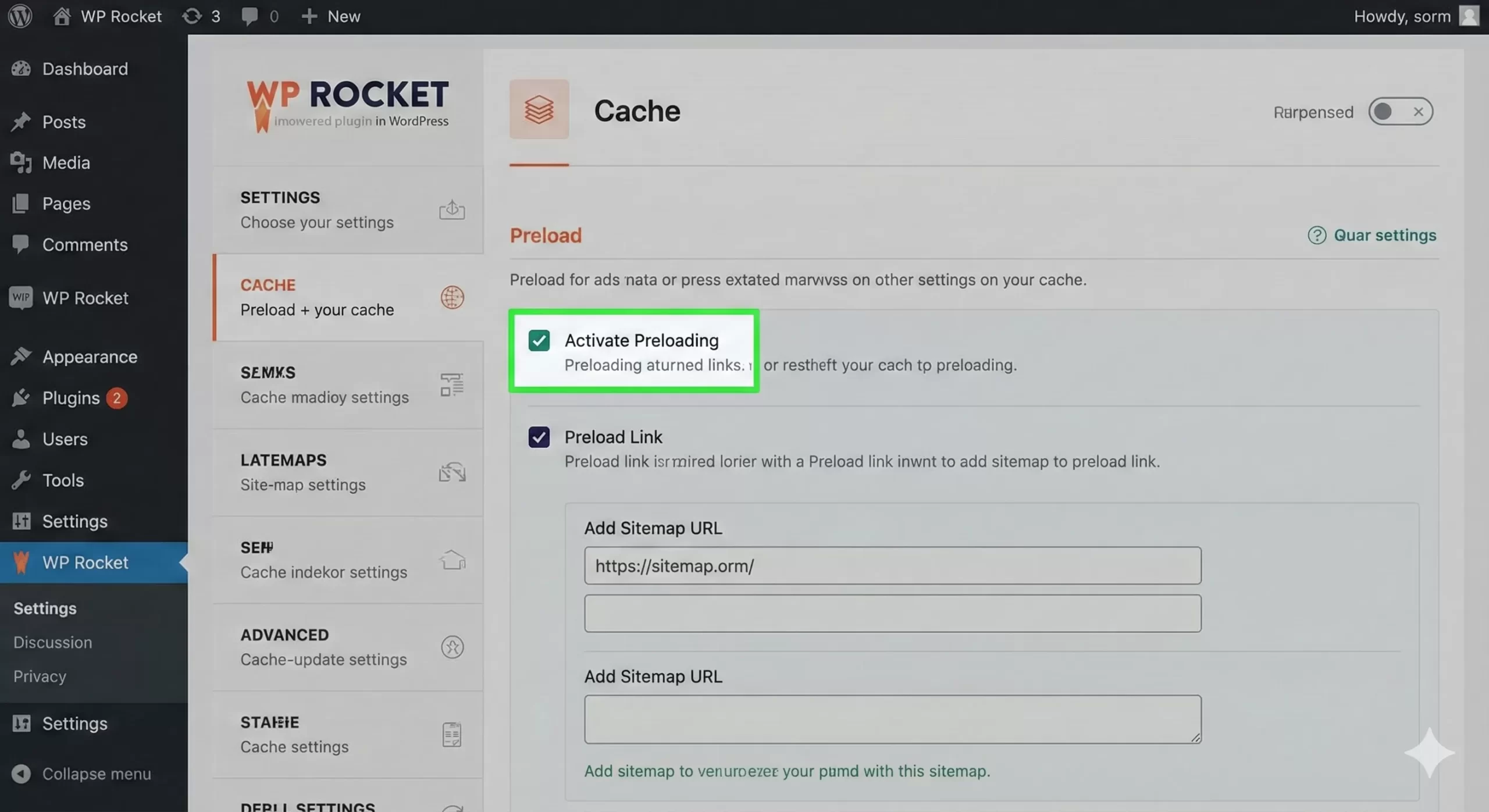 WP Rocket review - Cache & Preload Settings Screenshot