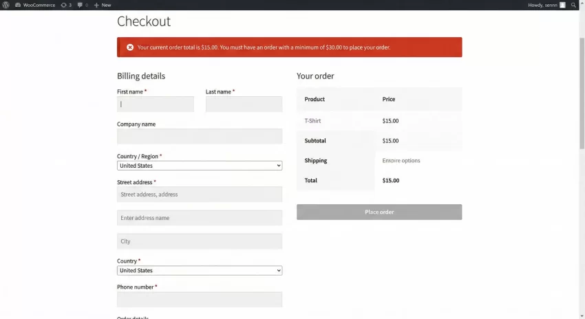 WooCommerce minimum order amount - WooCommerce Checkout Screenshot