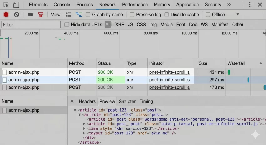 AJAX infinite scroll in WordPress - Browser Console Screenshot AJAX Request