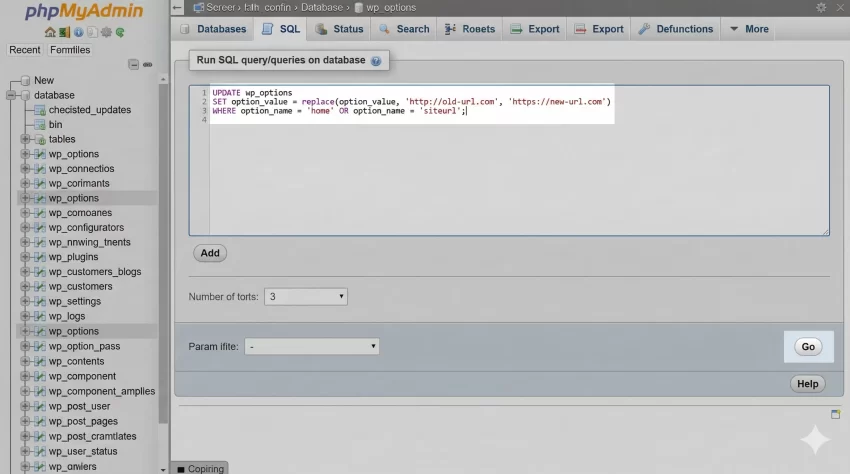 fix broken links in WordPress - phpMyAdmin SQL Execution Screenshot