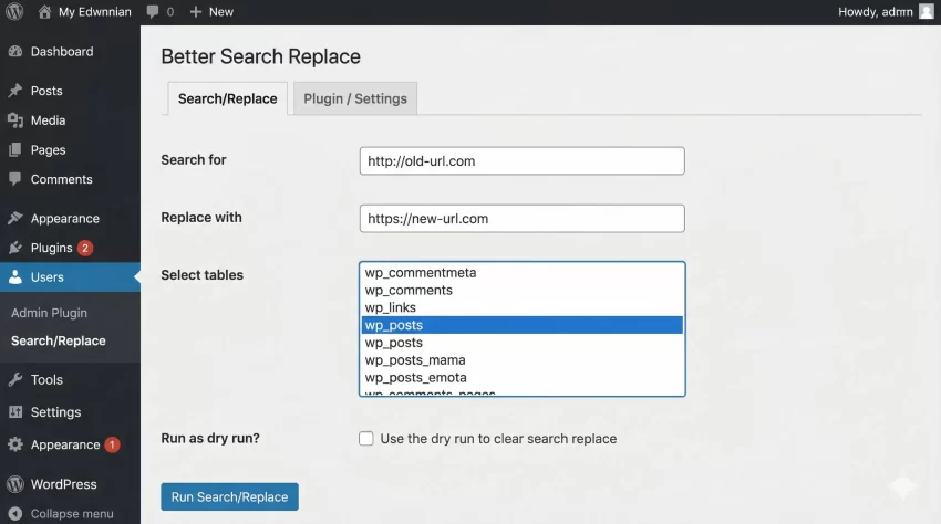 fix broken links in WordPress - Better Search Replace Plugin Screenshot
