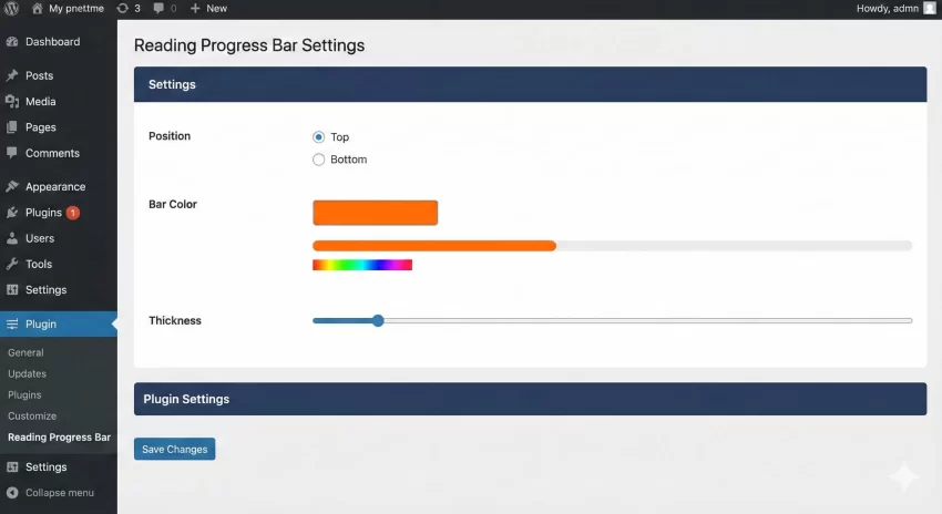 WordPress reading time progress bar : Plugin Settings Example