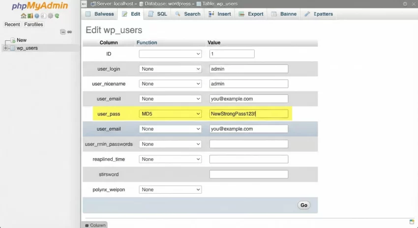 Reset WordPress Password phpMyAdmin - Encryption and Plain Text Password