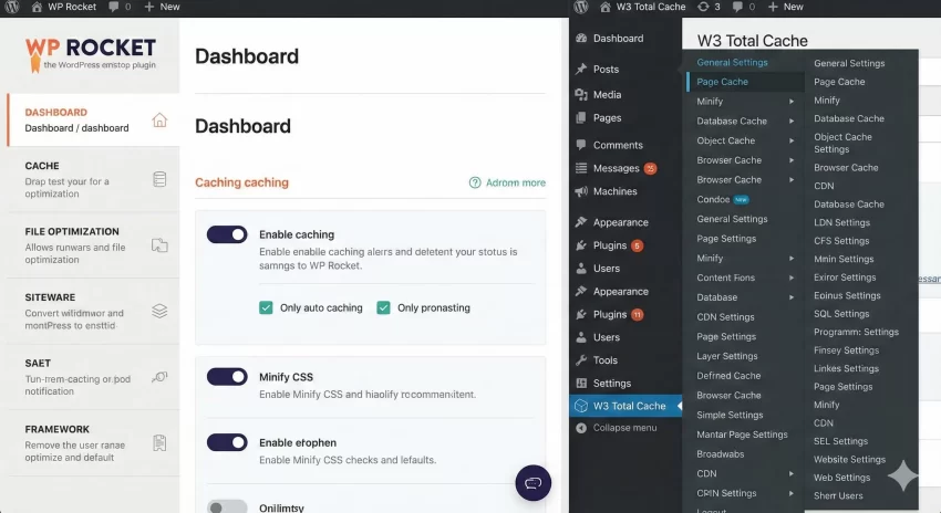 WP Rocket vs W3 Total Cache - Dashboard Comparison