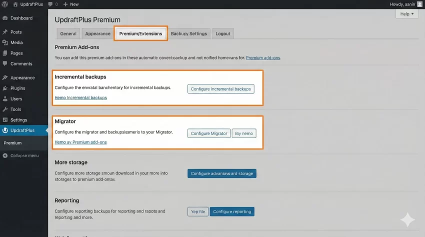 UpdraftPlus Premium Review - Screenshot of Settings