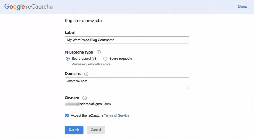 add recaptcha v3 wordpress Google reCaptcha Admin Console showing the 'Register a new site' form