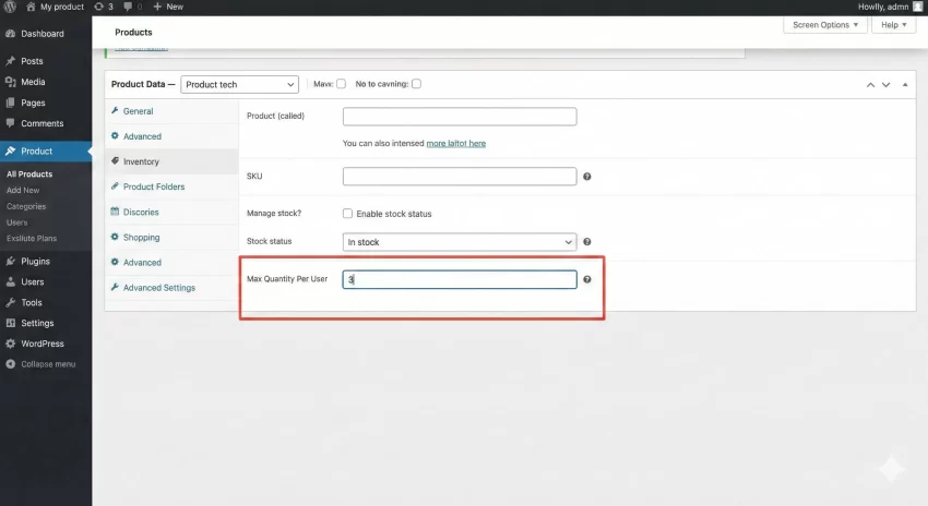 limit product quantity per user - Screenshot of the Backend Setting