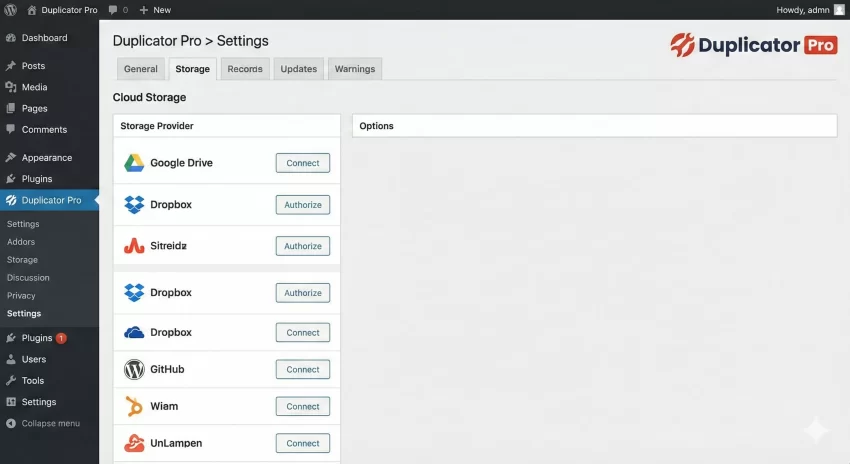 Duplicator Pro Plugin Review Cloud Storage Settings