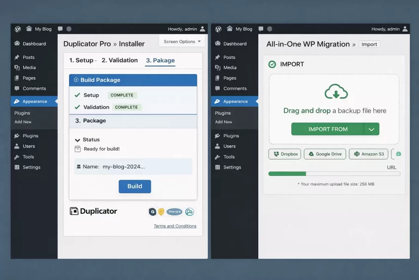 Duplicator vs All-in-One WP Migration Side-by-Side Installer Wizard vs Drag-and-Drop UI