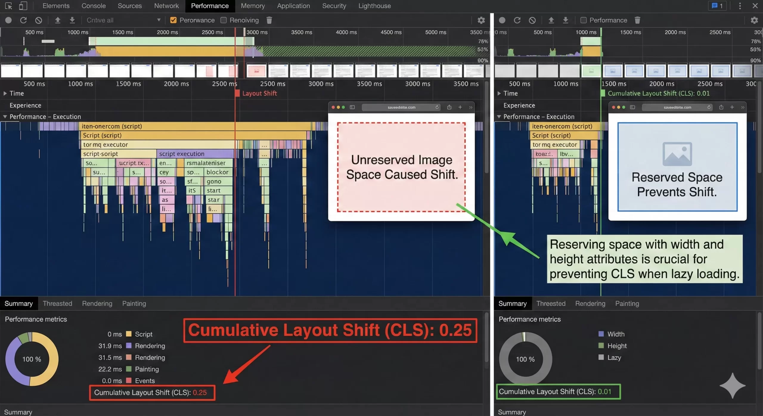 Lazy Load Images in WordPress - Chrome DevTools Screenshot CLS Metrics
