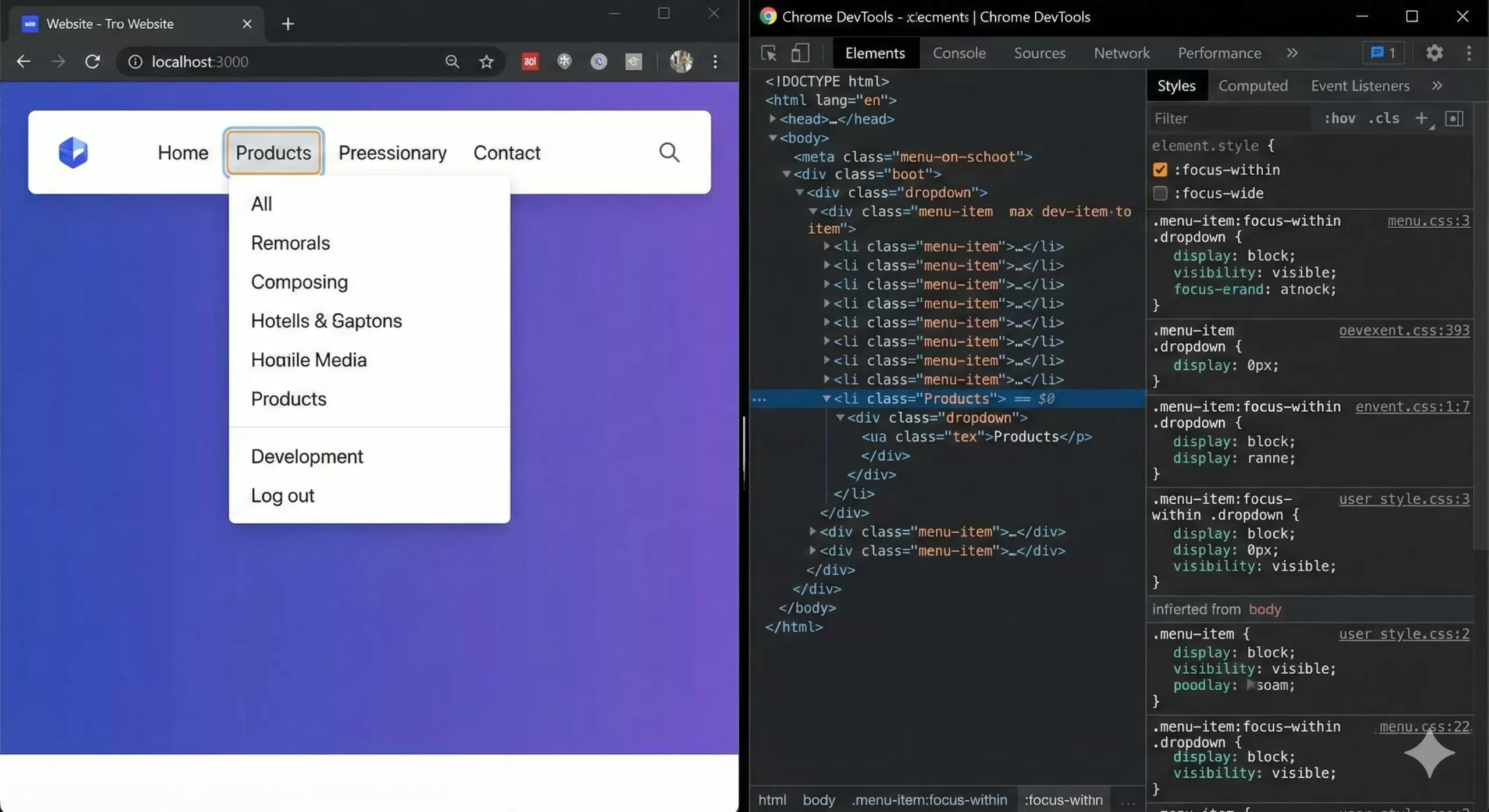 WordPress Mega Menu - Screenshot of the Chrome DevTools