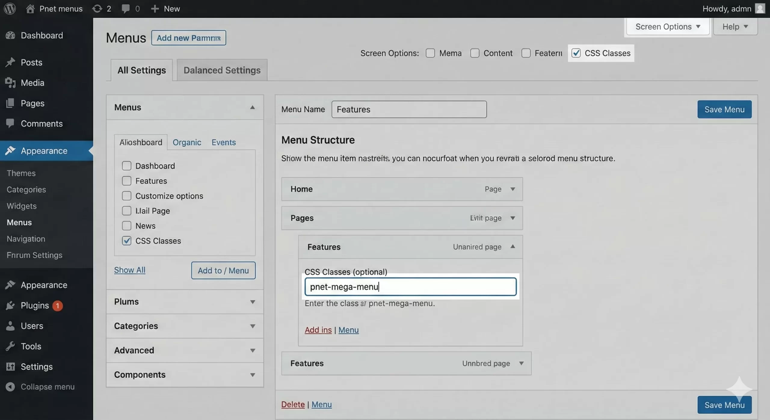 WordPress Mega Menu - WordPress Menu screen