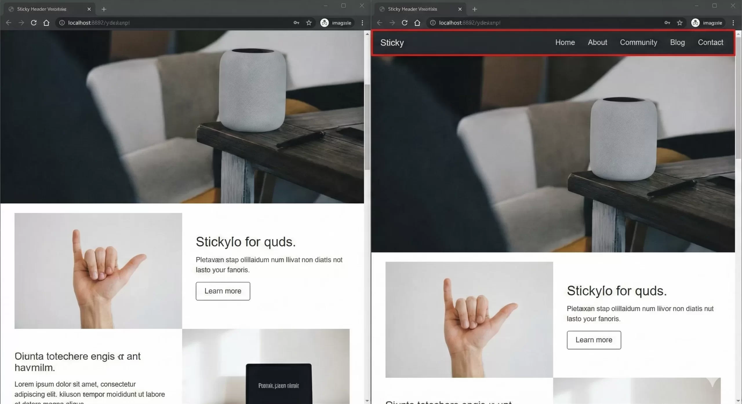 sticky header in WordPress - Before & After Comparison