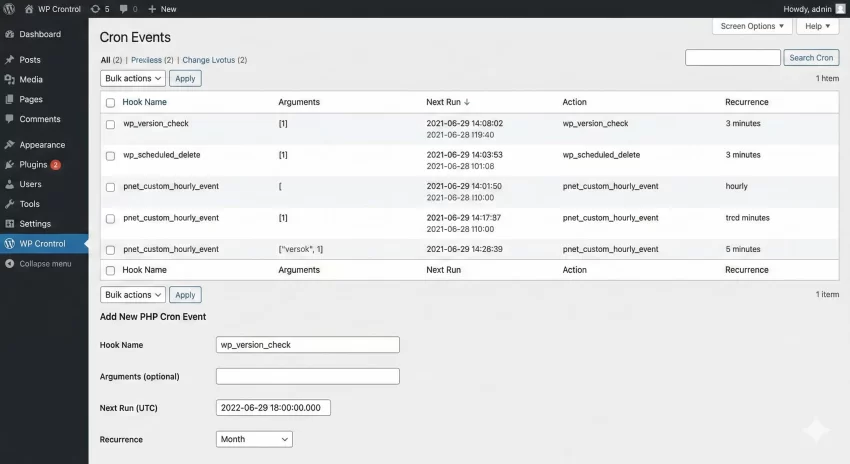 WordPress Cron Job - Screenshot of WP Crontrol Interface