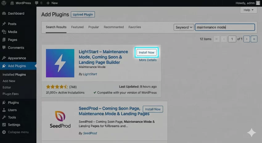 WordPress maintenance mode - Search Plugins Screenshot