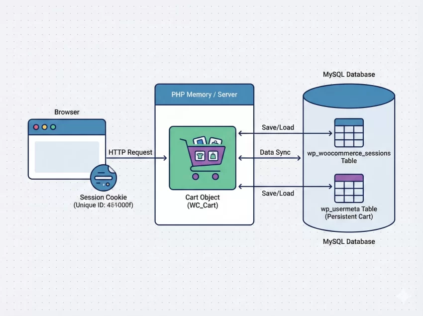 Empty WooCommerce Cart Programmatically - Diagram of WooCommerce Session Flow