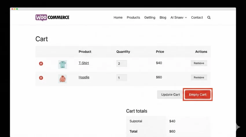Empty WooCommerce Cart Programmatically - WooCommerce Cart Page with Empty Cart Button