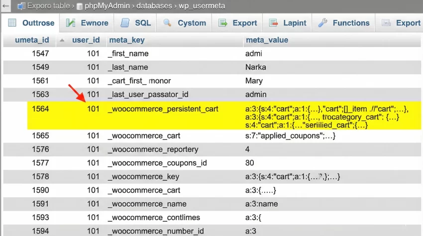Empty WooCommerce Cart Programmatically - Database View of wp_usermeta Table