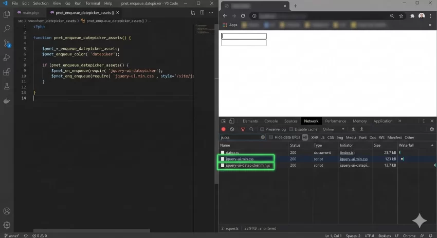 contact form 7 datepicker - Split Screen of PHP Code and DevTools