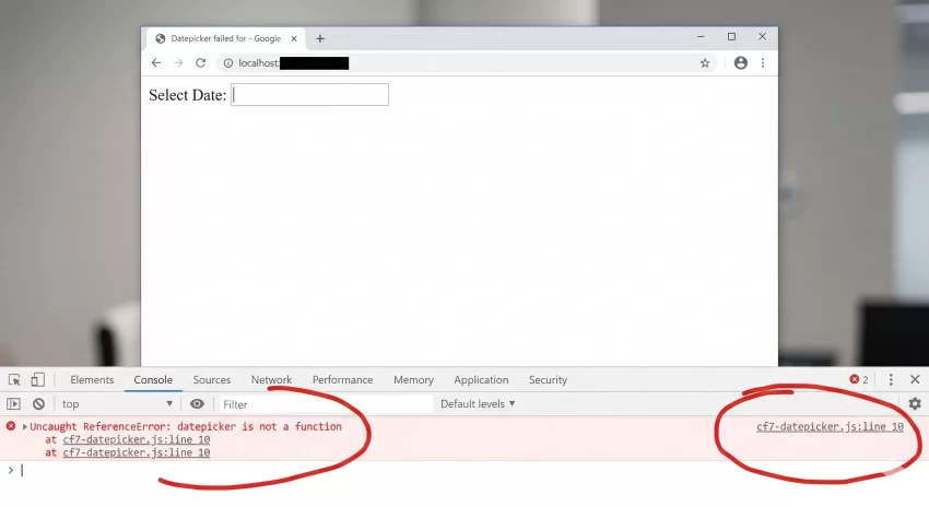 contact form 7 datepicker - Screenshot of the error in Console