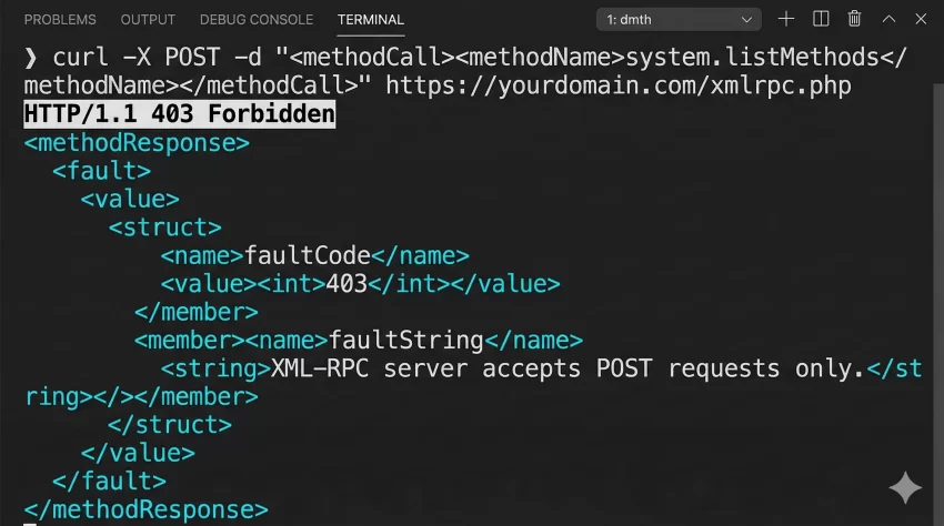disable xml-rpc in wordpress - Terminal Verification Success