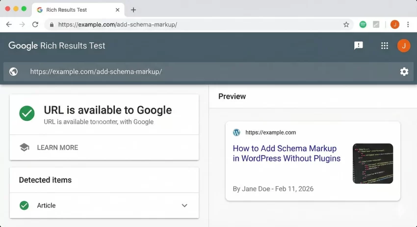 Add schema markup wordpress Rich Results Validated