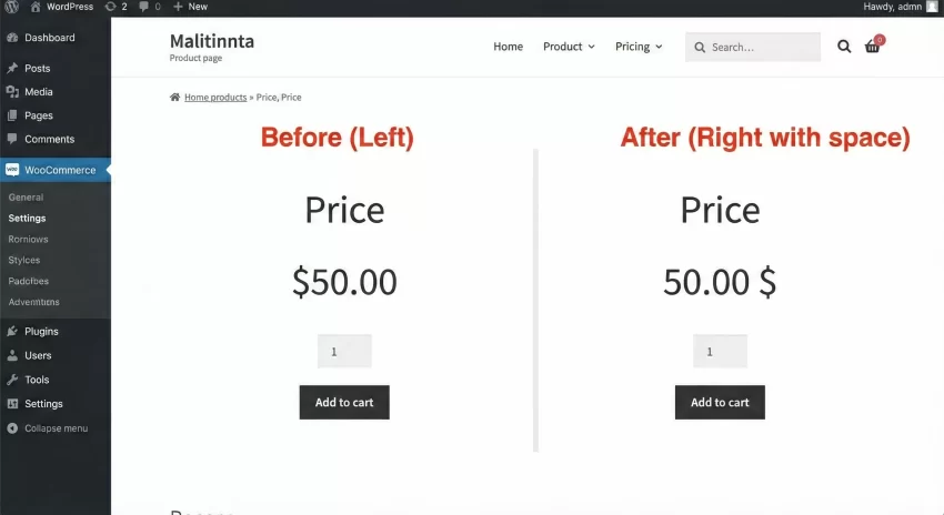 Change WooCommerce Currency Symbol Price Position Before vs. After