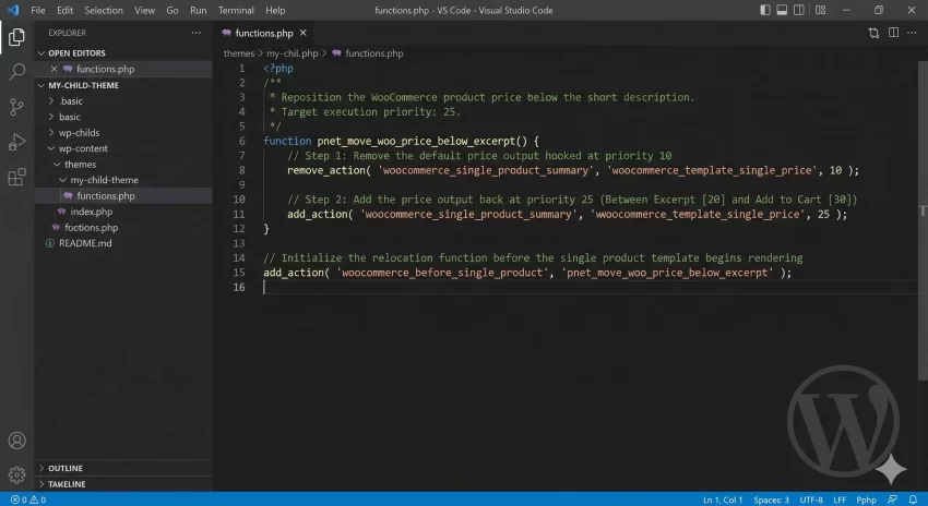 WooCommerce price below description - VS Code Snippet Screenshot