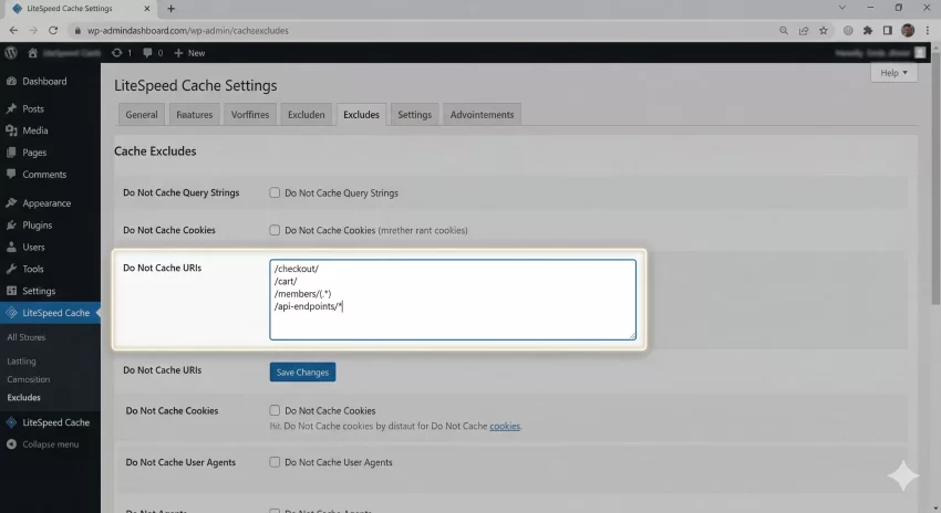 exclude page from cache - LiteSpeed Cache URI Exclusions