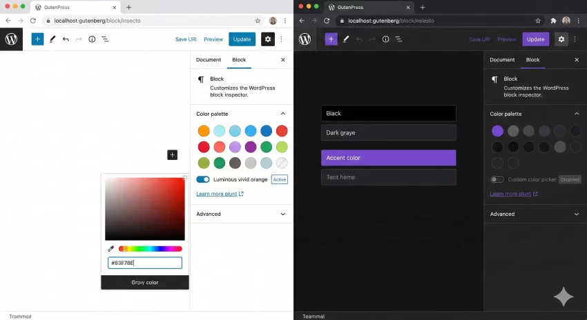 theme.json color palette - Before and After Palette