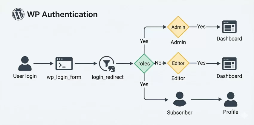 WordPress login redirect - Technical Authentication Flowchart